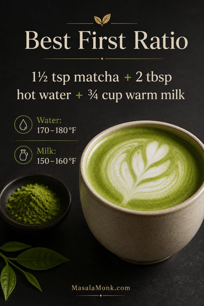 Matcha latte ratio card showing 1½ teaspoons matcha, 2 tablespoons hot water, and ¾ cup warm milk.