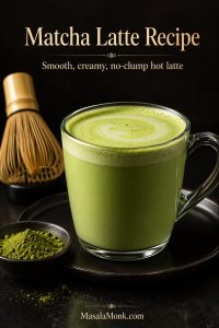 Hot matcha latte in a mug with creamy green foam, matcha powder, and a bamboo whisk beside it.