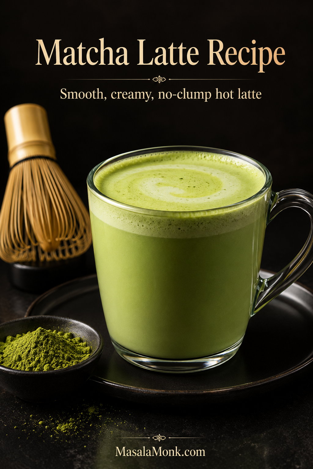 Hot matcha latte in a mug with creamy green foam, matcha powder, and a bamboo whisk beside it.