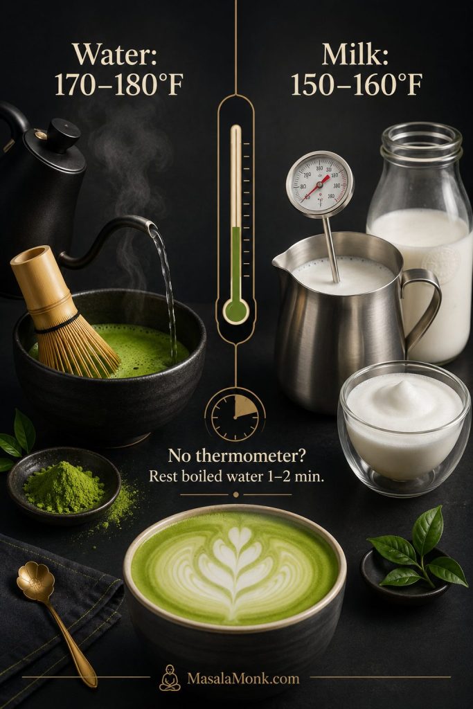 Matcha latte temperature guide showing 170 to 180 degrees Fahrenheit for water and 150 to 160 degrees Fahrenheit for milk.