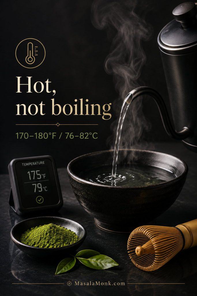 Hot water temperature guide showing 170 to 180 degrees Fahrenheit for making matcha latte.