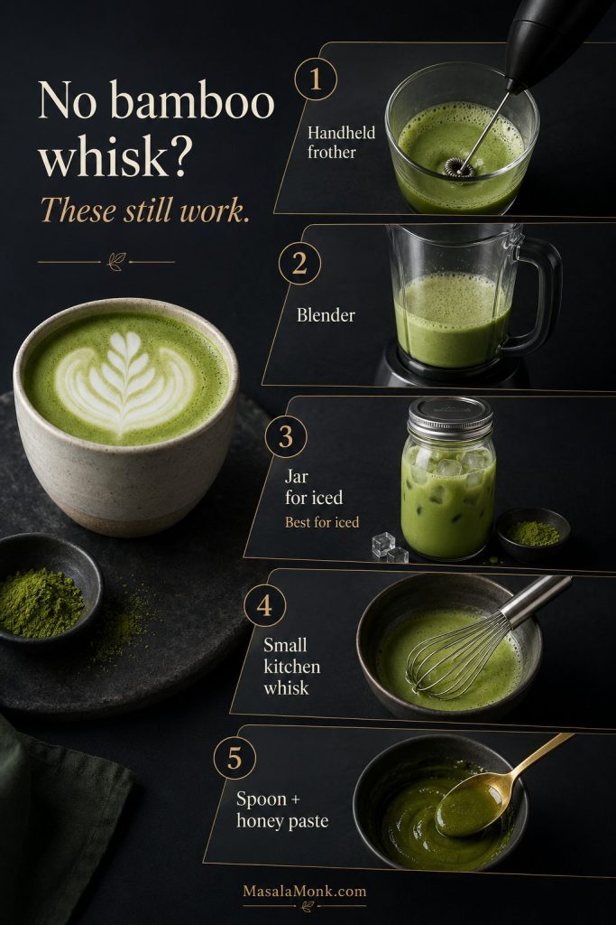 No bamboo whisk matcha latte guide with handheld frother, blender, jar for iced matcha, small whisk, and spoon paste method.