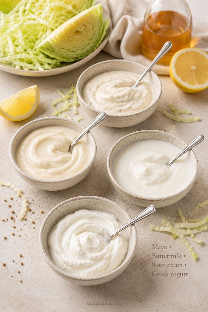 Four bowls of creamy dressing bases for coleslaw: mayonnaise, buttermilk, sour cream, and Greek yogurt.