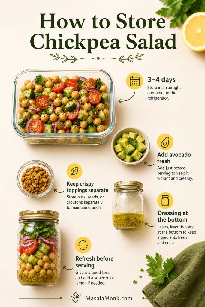 Storage guide for chickpea salad with airtight containers, meal-prep jars, dressing jar, and notes about keeping avocado and crunchy toppings separate.