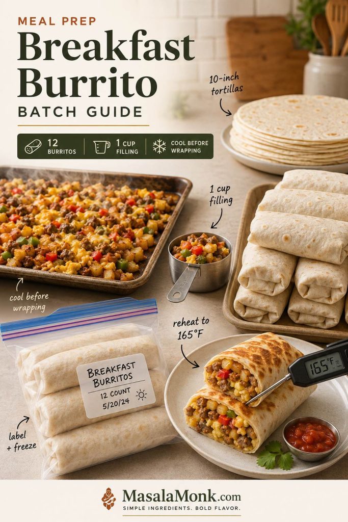 Breakfast burrito batch guide showing twelve burritos, ten-inch tortillas, one cup of filling, cooling before wrapping, and reheating to 165°F.
