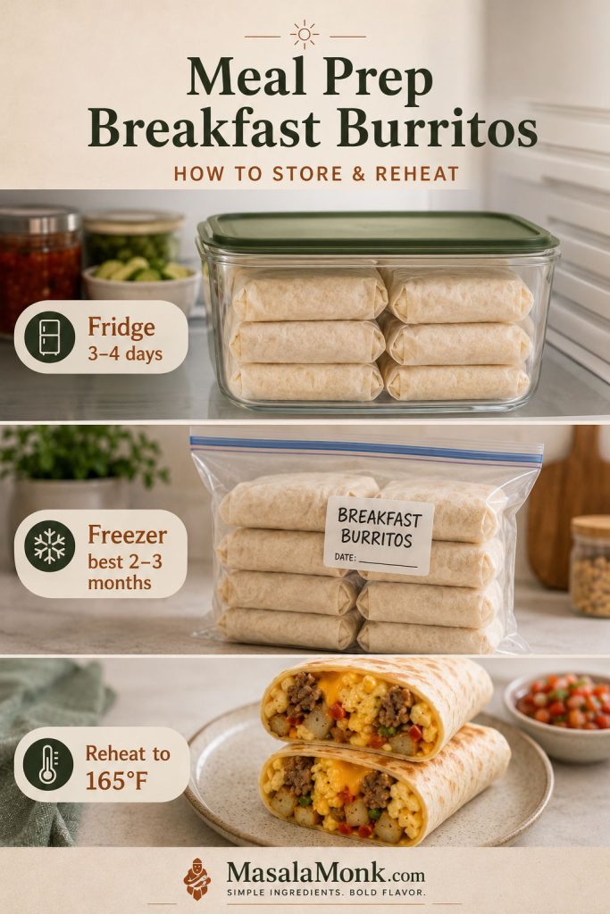 Meal prep breakfast burrito storage guide showing burritos in the refrigerator, freezer bag storage, and reheating to 165°F.