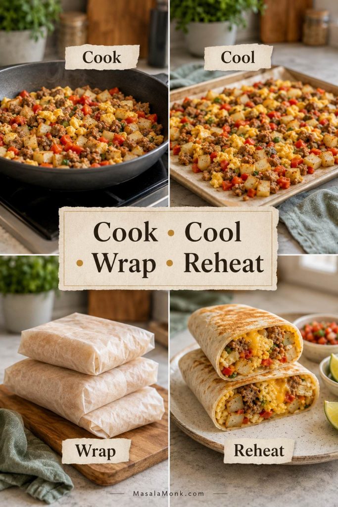 Four-step meal prep breakfast burrito process showing cooked filling, cooled filling, wrapped burritos, and a reheated cut burrito.