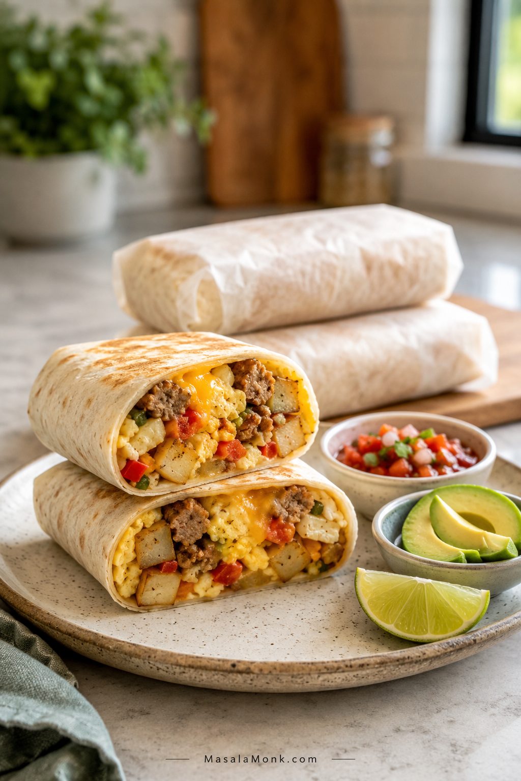 Cut breakfast burrito filled with eggs, potatoes, cheese, peppers, and sausage, with wrapped freezer burritos and fresh toppings nearby.