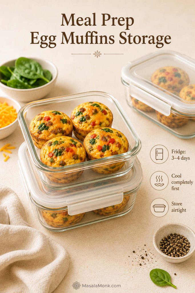 Meal prep egg muffins stored in an airtight glass container for refrigerator storage.