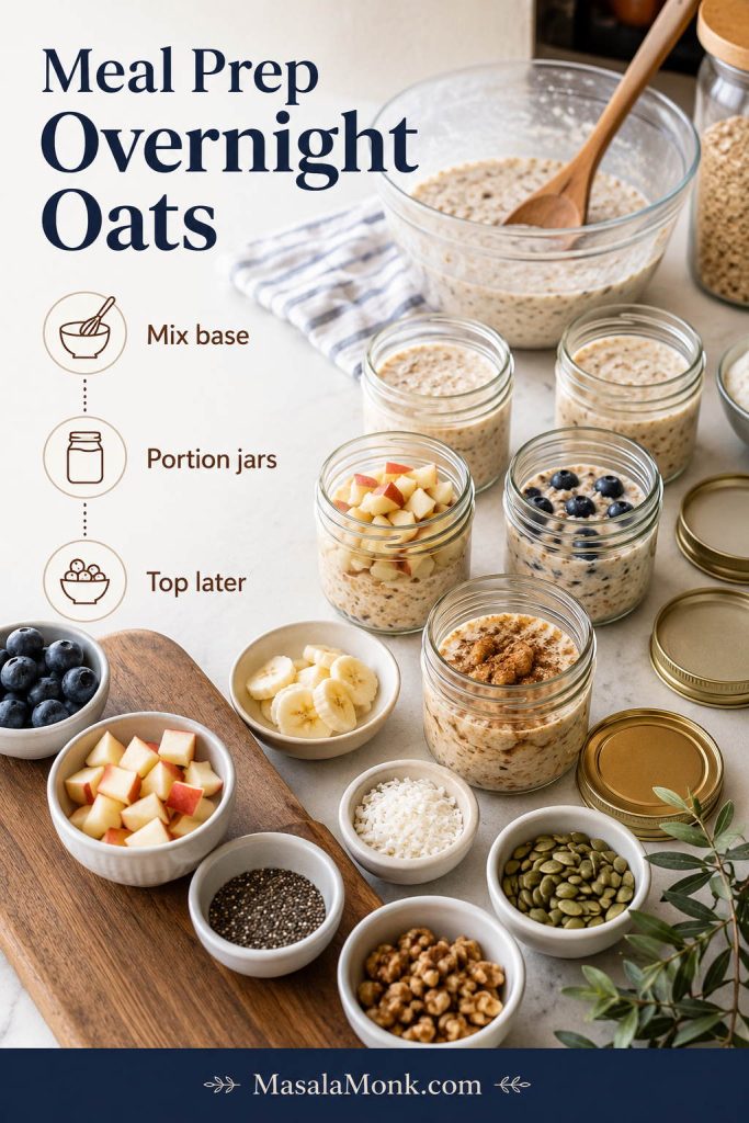 Meal prep overnight oats setup with several jars, a mixing bowl, lids, fresh fruit, nuts, seeds, and toppings kept separately.