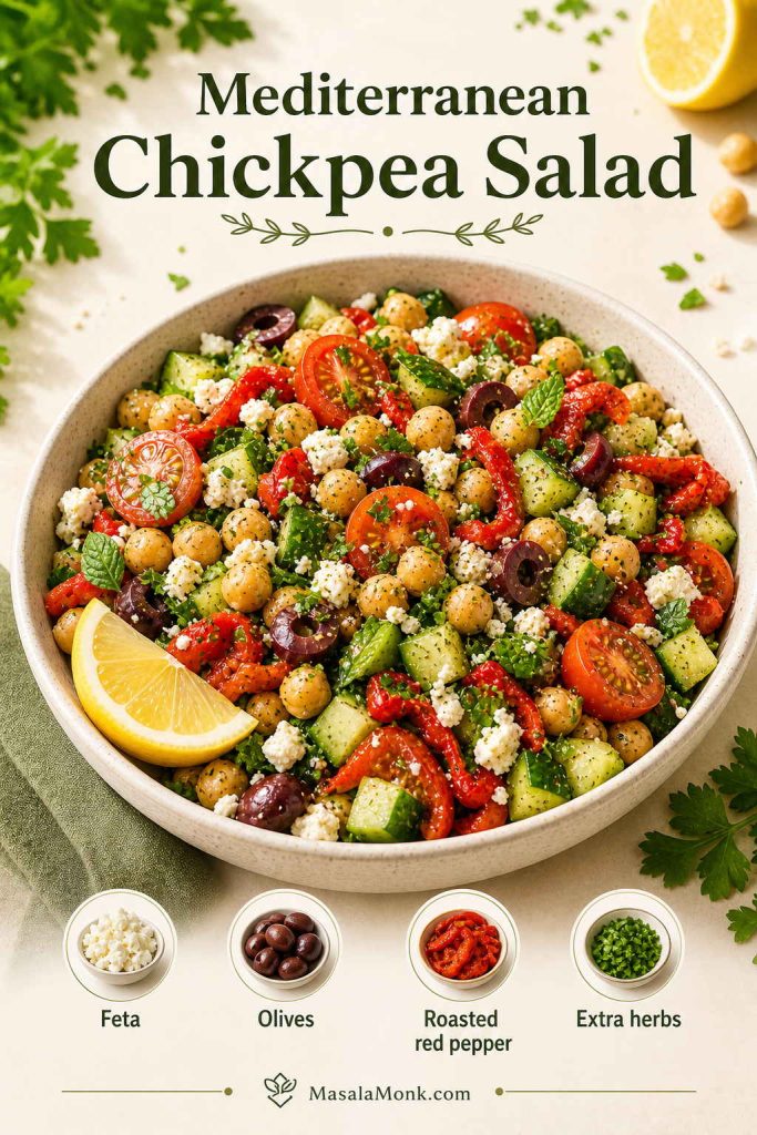 Mediterranean chickpea salad with feta, olives, roasted red pepper, cucumber, tomatoes, herbs, and lemon.