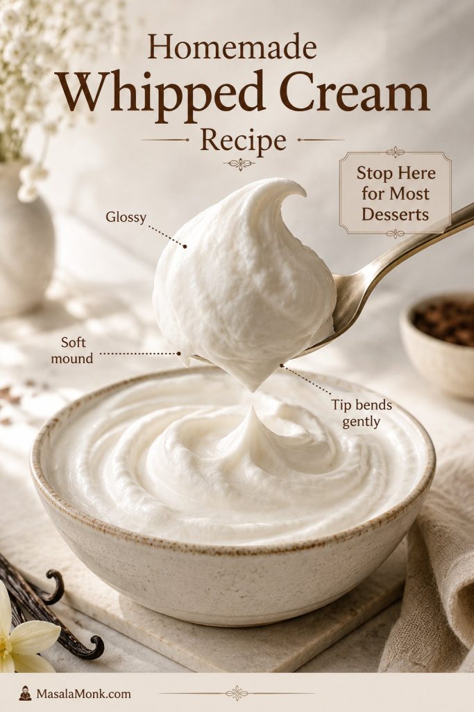A spoon lifting whipped cream with a glossy soft mound and a gently bending tip to show medium peaks.