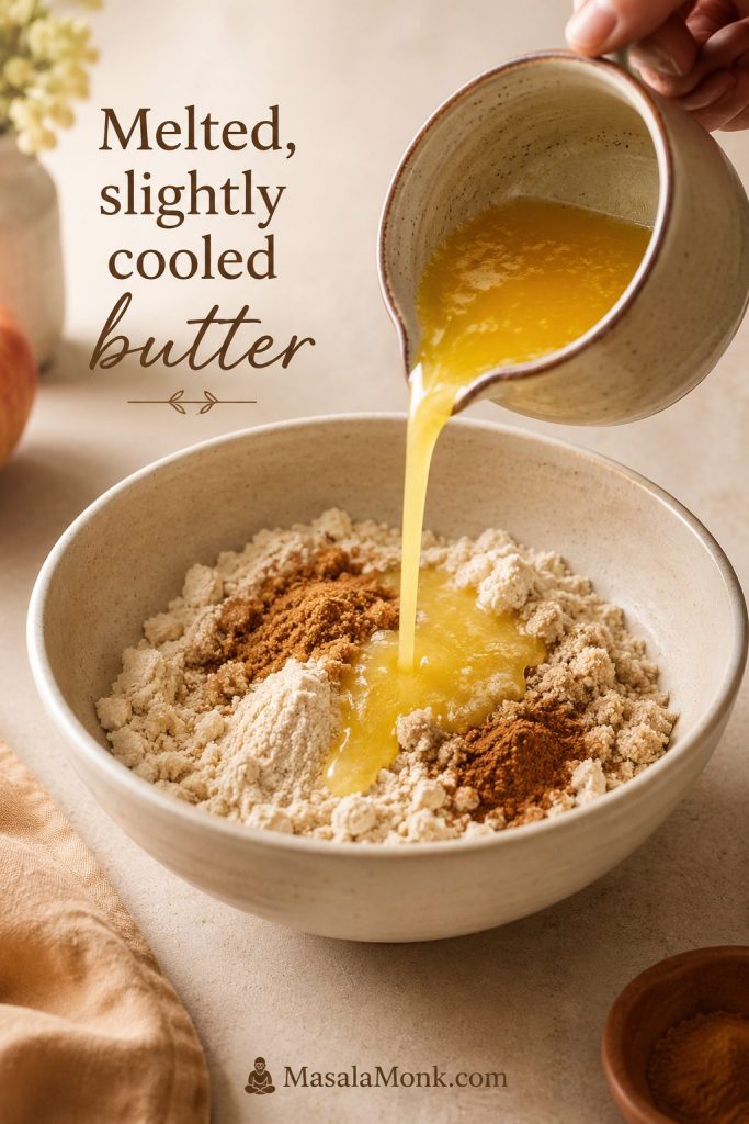 Melted butter being poured into a flour, brown sugar, and cinnamon crumb topping mixture.