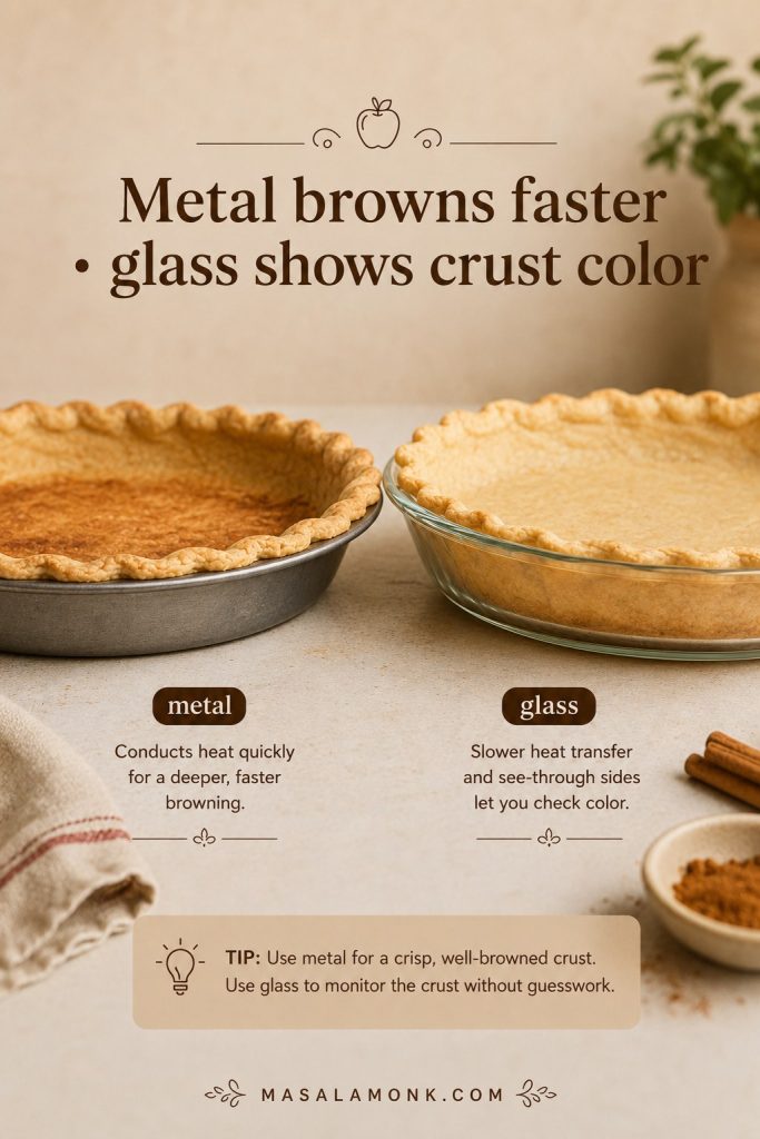 Metal and glass pie plates compared for Dutch apple pie, with crust-browning cues.