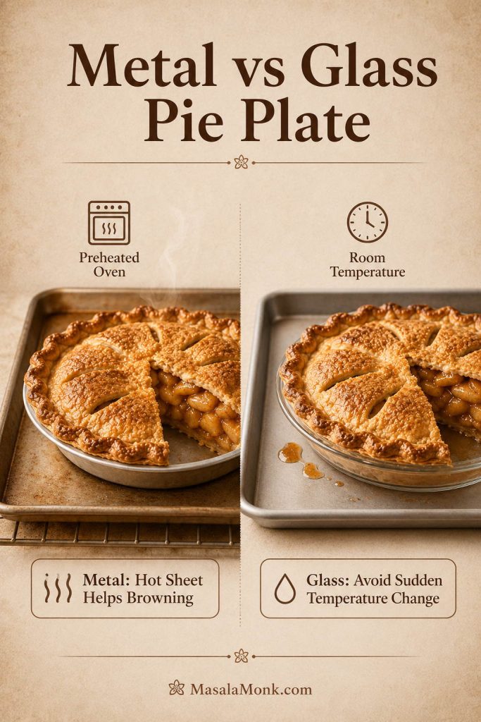 Comparison guide showing a metal pie plate on a hot sheet pan and a glass pie plate on a room-temperature sheet pan for baking apple pie.