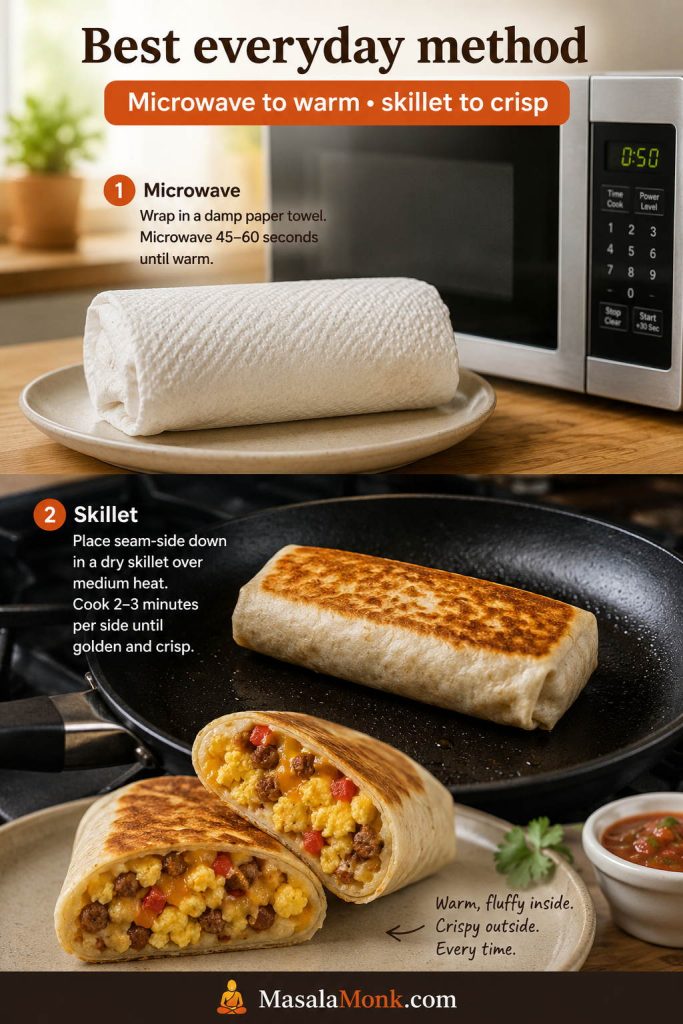 Breakfast burrito first warmed in the microwave and then crisped in a skillet