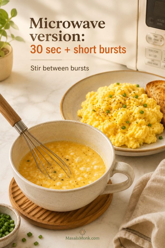 Microwave cottage cheese scrambled eggs made in a mug with a whisked egg mixture and a finished bowl of eggs.
