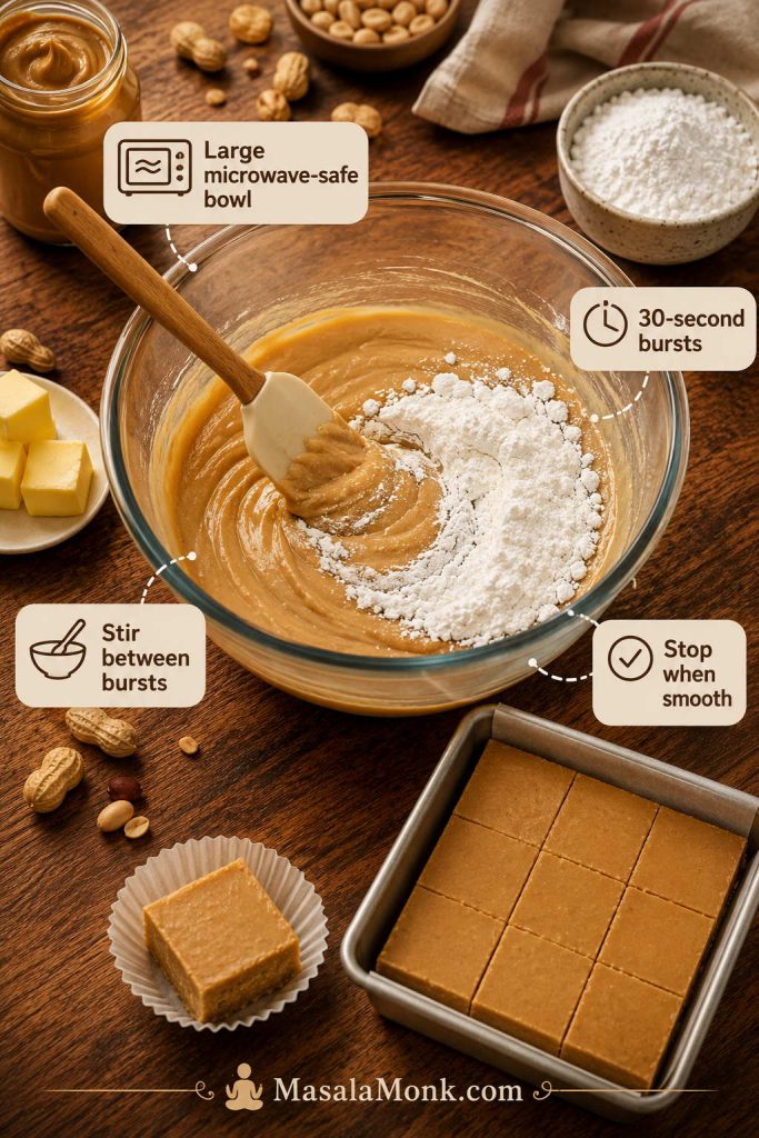 Microwave peanut butter fudge guide showing a large bowl, melted peanut butter mixture, powdered sugar, and finished fudge.