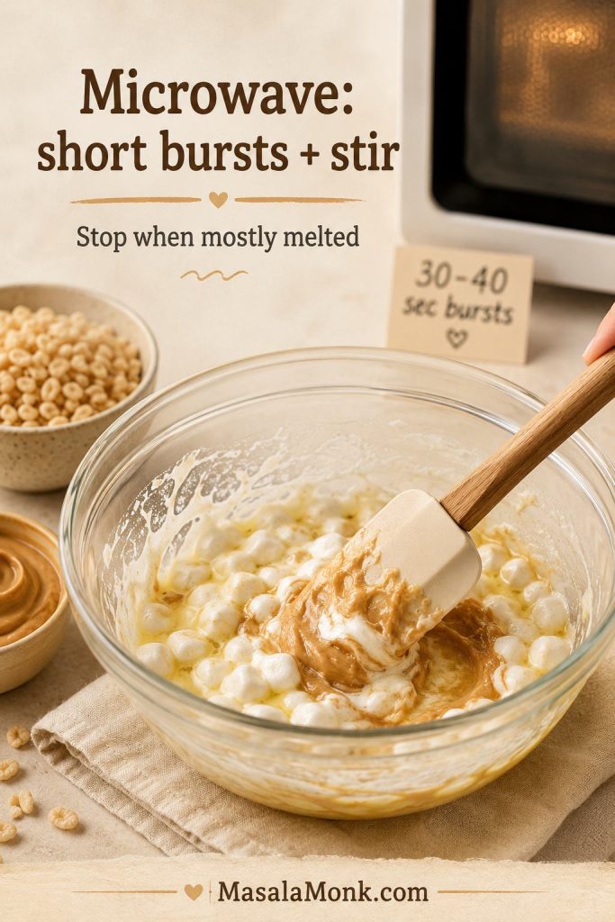 Microwave-safe bowl of marshmallows and butter being stirred for peanut butter rice crispy treats.