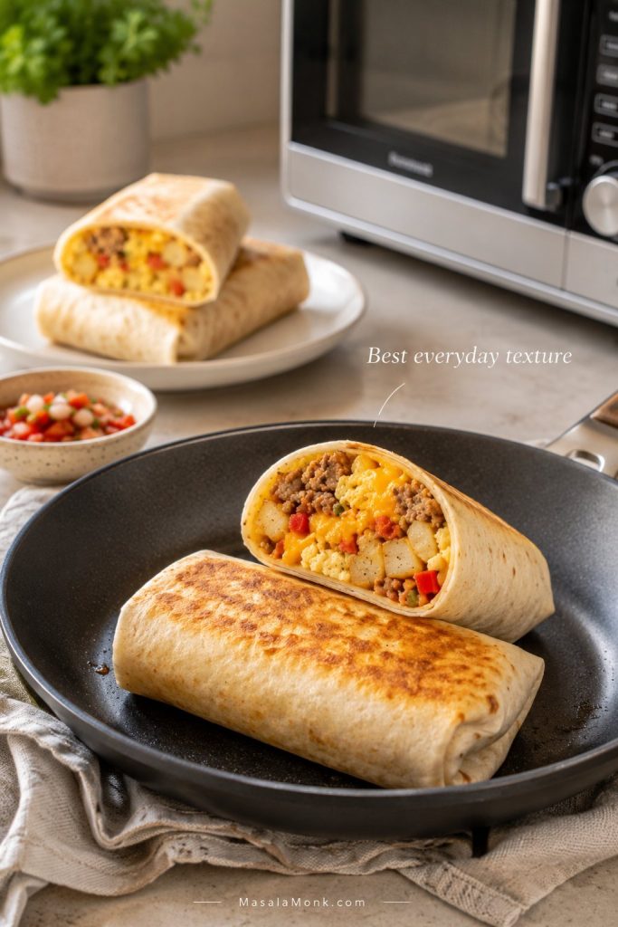 Breakfast burrito crisping in a skillet after microwaving with a cut half showing eggs, potatoes, cheese, and sausage inside.