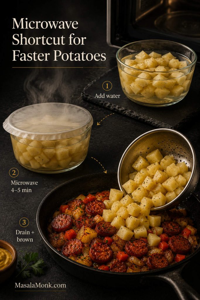 Three-step microwave shortcut showing diced potatoes with water, a covered bowl, and potatoes going into a skillet.