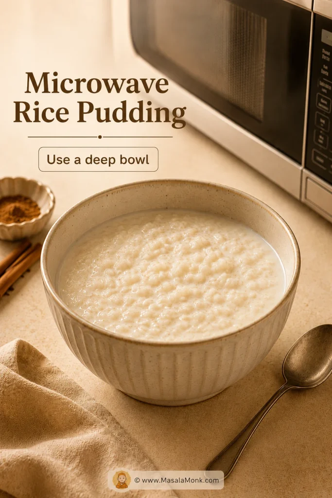 Deep microwave-safe bowl of rice pudding with cooked rice placed near a microwave.