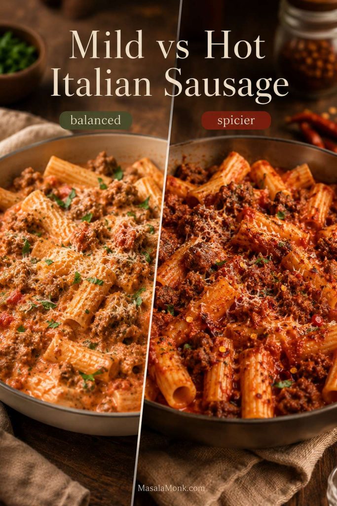 Comparison of mild Italian sausage pasta and hot Italian sausage pasta with creamy tomato sauce and browned sausage.