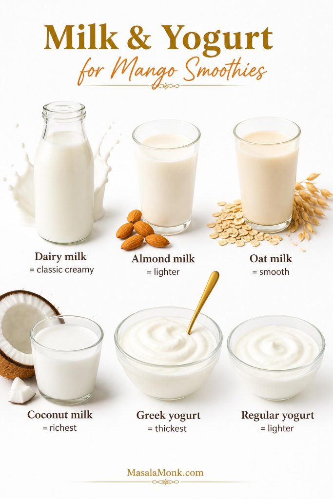 Milk and yogurt comparison for mango smoothies with dairy milk, almond milk, oat milk, coconut milk, Greek yogurt, and regular yogurt.
