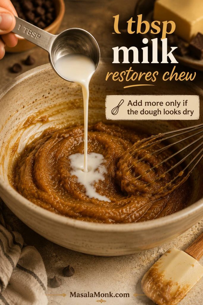 One tablespoon of milk being added to a brown butter cookie dough mixture to help restore moisture.