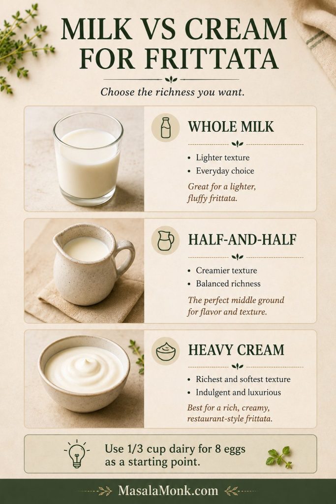 Comparison of milk, half-and-half, and cream for frittata texture.