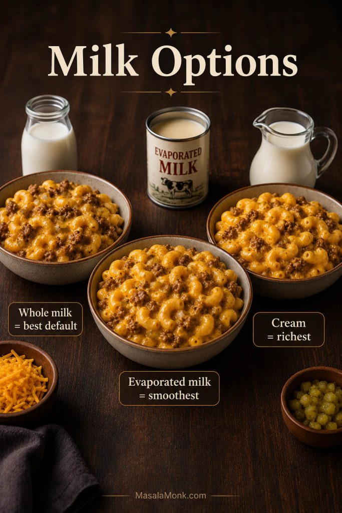 Milk options for cheeseburger macaroni showing bowls made with whole milk, evaporated milk, and cream.
