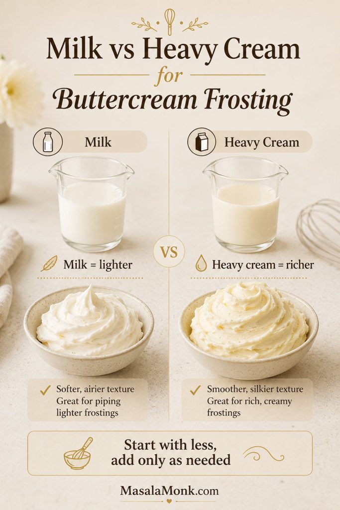 Split board comparing milk and heavy cream for buttercream frosting with lighter and richer texture cues.