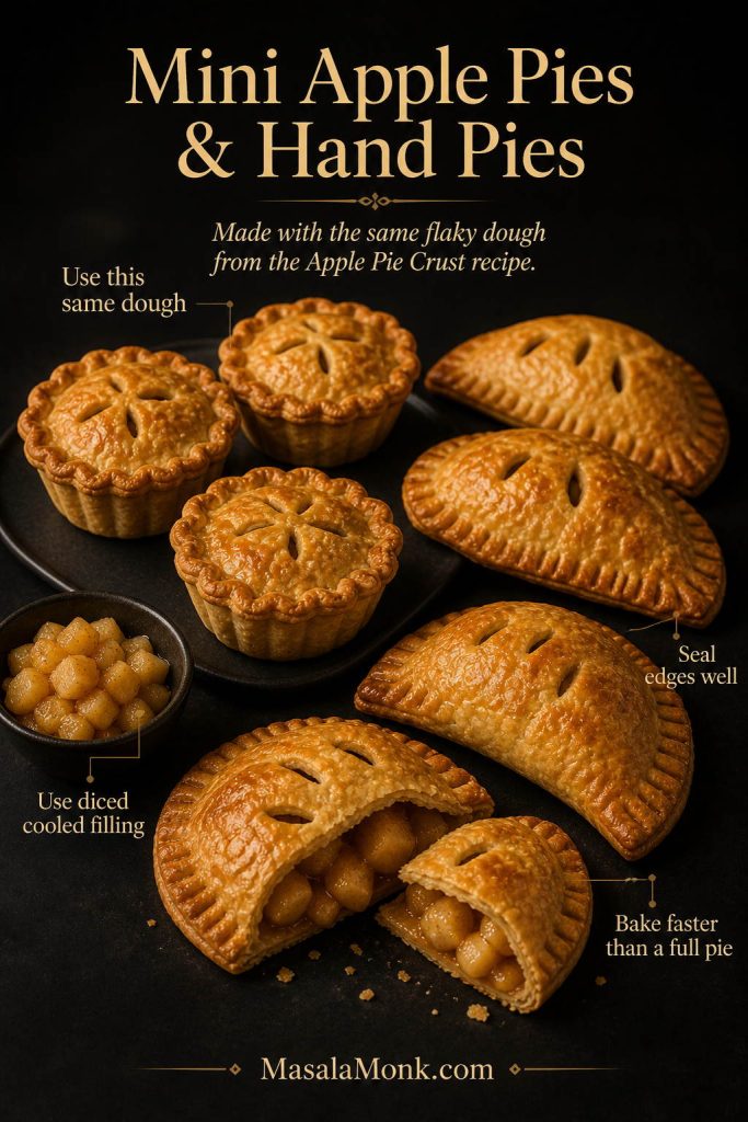 Mini apple pies and hand pies made with golden flaky dough, diced apple filling, sealed edges, and one cut-open hand pie showing filling.