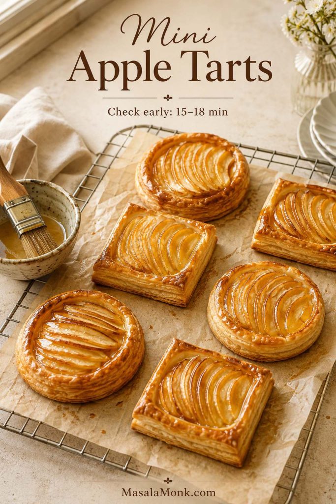Mini apple tarts with glossy sliced apples on puff pastry, cooling on parchment and a wire rack.