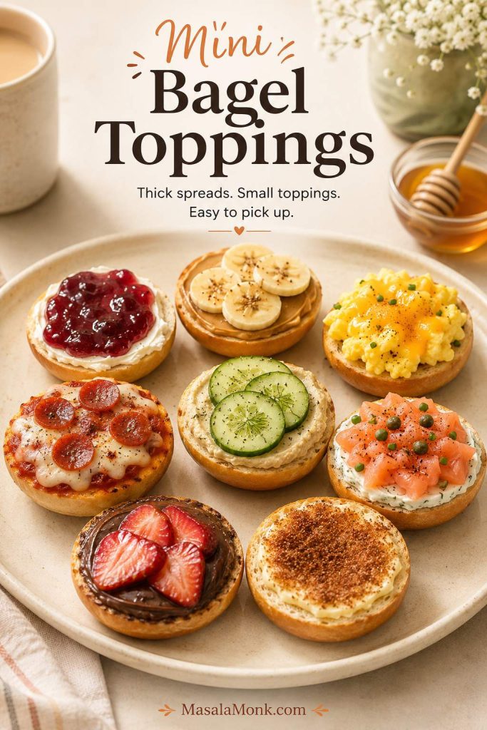Mini bagel toppings including cream cheese jam, peanut butter banana, egg cheese, mini pizza, hummus cucumber, and Nutella strawberries.