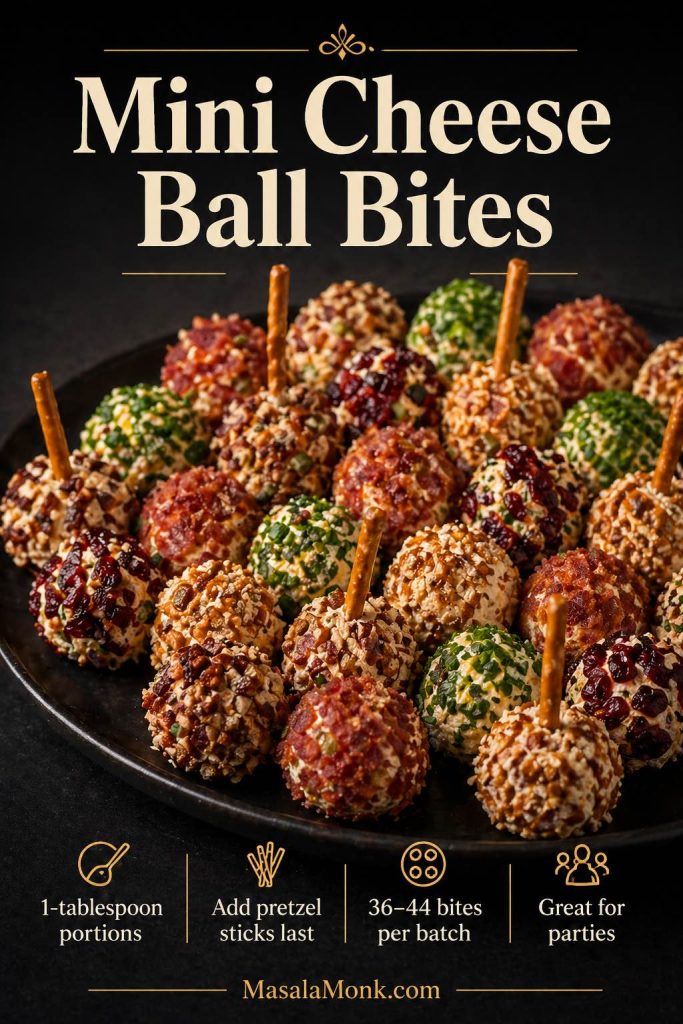 Tray of mini cheese ball bites in different coatings, including herbs, bacon, pecans, crushed pretzels, and dried cranberries, with some bites topped with pretzel sticks.