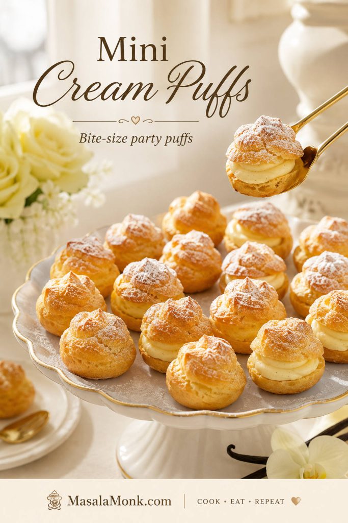 Mini cream puffs arranged on a dessert tray with powdered sugar and visible vanilla cream filling.