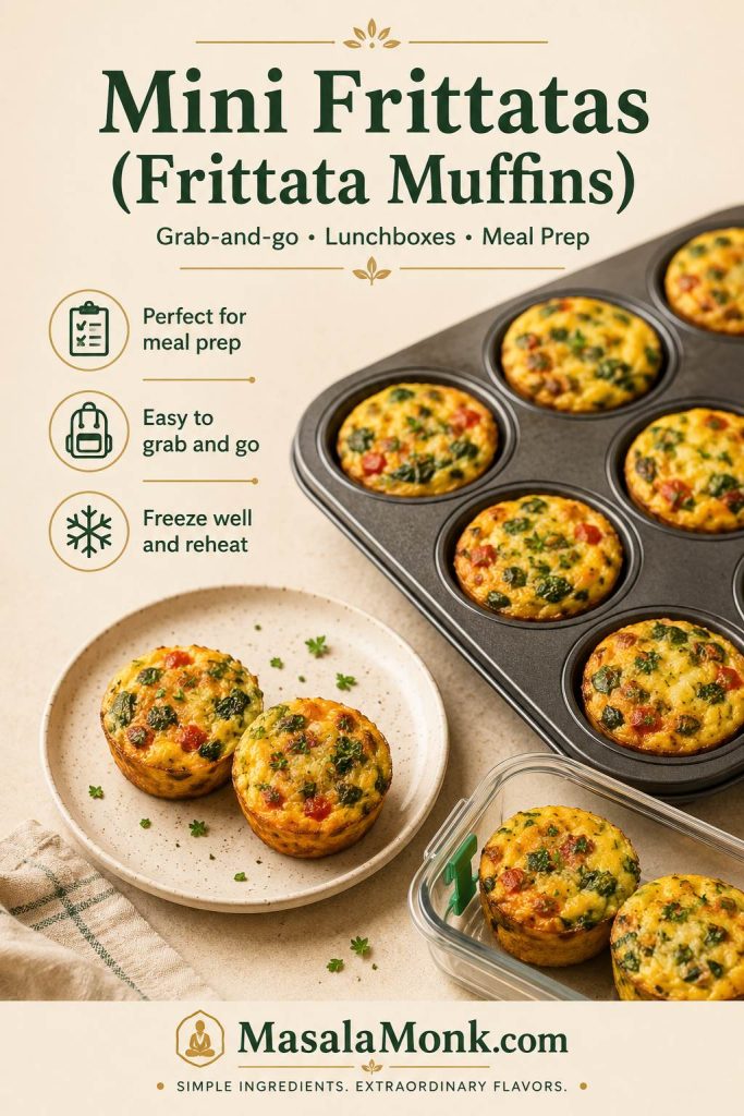 Mini frittatas baked in a muffin tin with a few served on a plate and packed in a container for meal prep.
