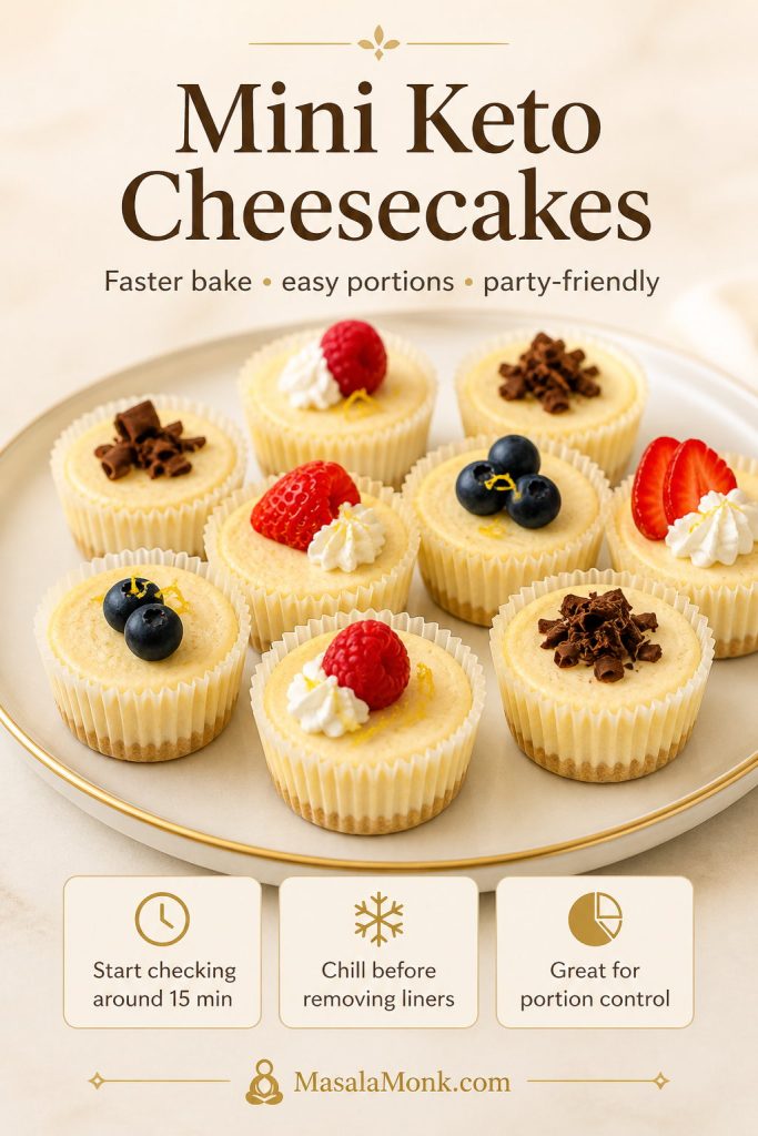 Mini keto cheesecakes in paper liners topped with berries, whipped cream, lemon zest, and chocolate shavings.