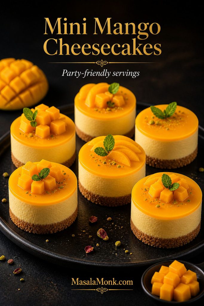 Several mini mango cheesecakes on a tray, each with a crumb base, creamy filling, and glossy mango topping.