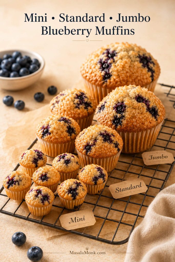 Mini, standard, and jumbo blueberry muffins arranged together on a cooling rack with size labels.