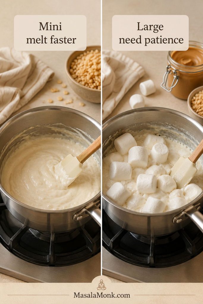 Mini marshmallows melting faster than large marshmallows in a side-by-side saucepan comparison.