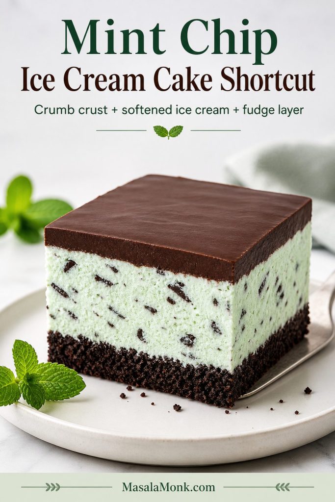 Mint chip ice cream cake shortcut with a dark crumb crust, mint chocolate chip ice cream layer, and smooth chocolate fudge layer.
