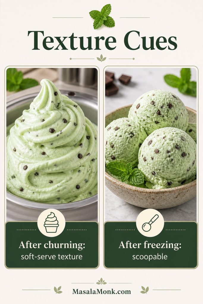 Texture comparison showing mint chip ice cream as soft-serve after churning and firmer scoops after freezing.
