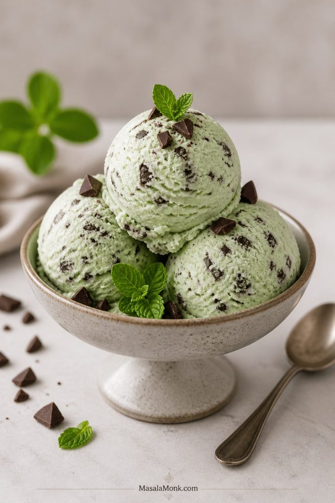 Final serving of homemade mint chocolate chip ice cream with creamy pale green scoops, chocolate pieces, mint garnish, and a spoon nearby.