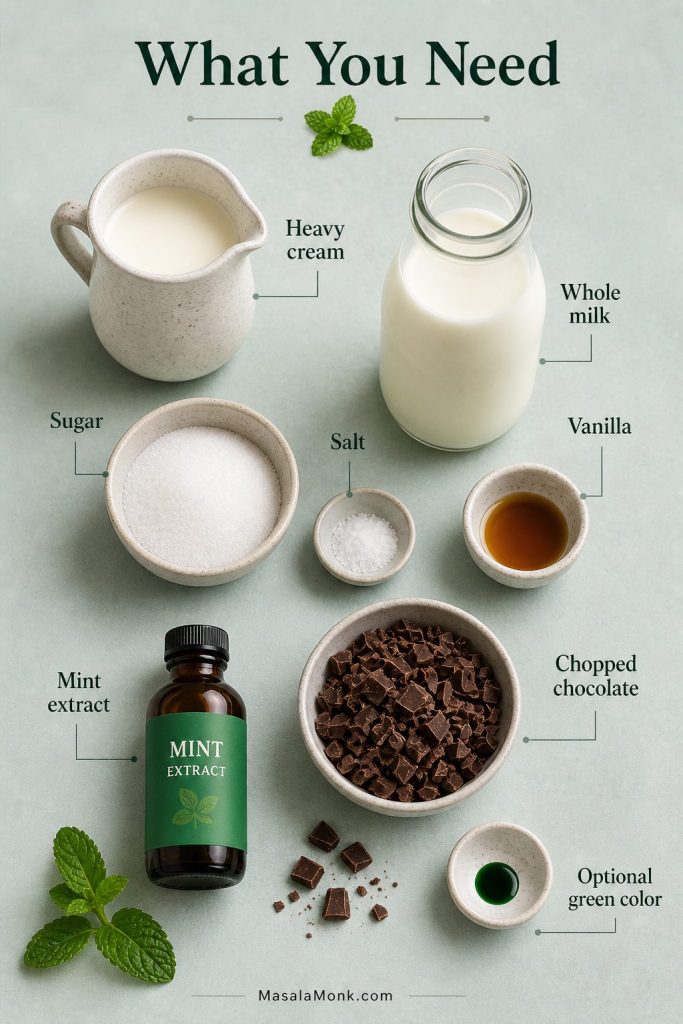 Ingredients for mint chocolate chip ice cream, including heavy cream, whole milk, sugar, salt, vanilla, mint extract, chopped chocolate, and optional green coloring.