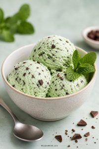 Homemade mint chocolate chip ice cream scooped into a bowl with fine chocolate pieces and a creamy pale green texture.