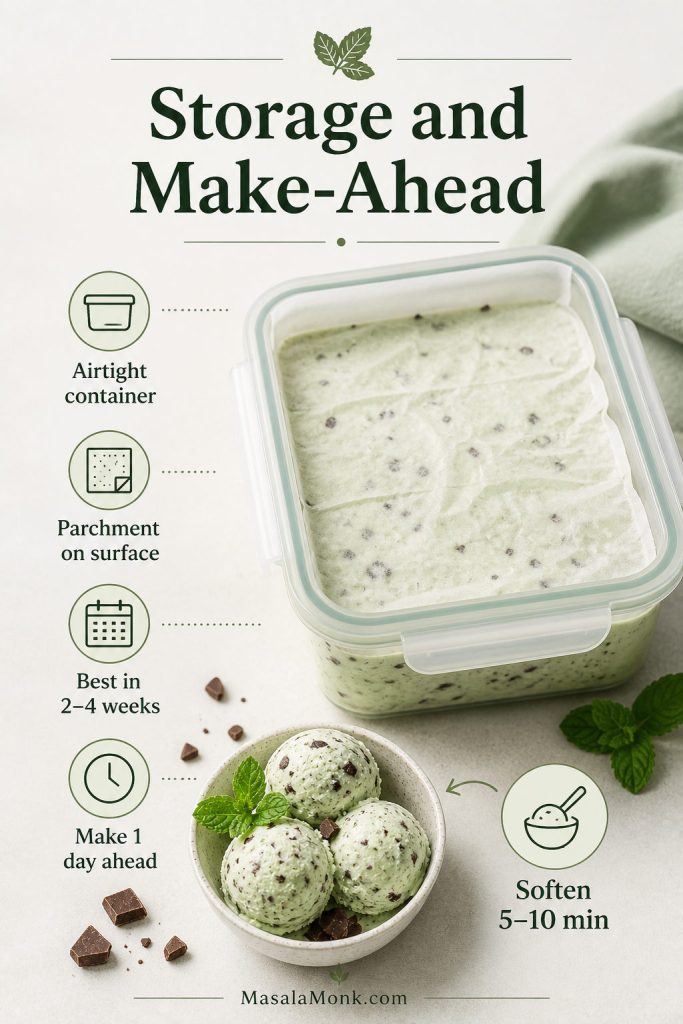 Storage guide for mint chocolate chip ice cream showing an airtight container, parchment on the surface, 2 to 4 week quality guidance, make-ahead note, and softening time.