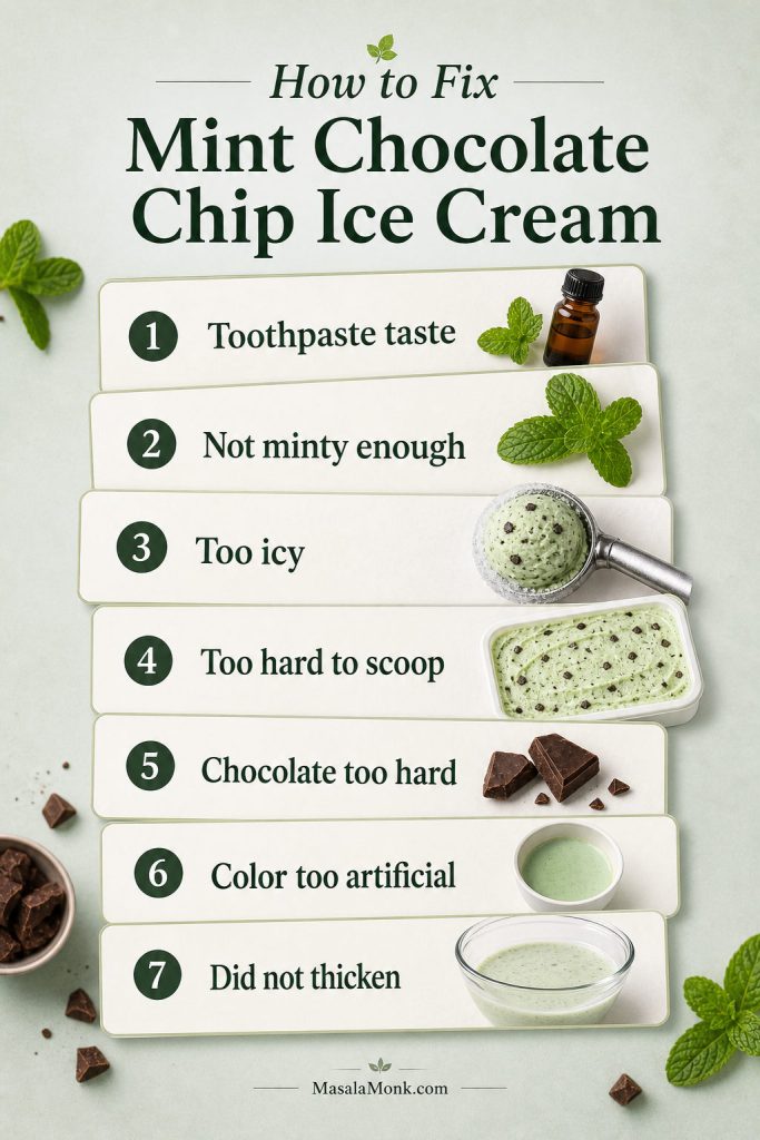 Troubleshooting board for mint chocolate chip ice cream with problems such as toothpaste taste, weak mint, icy texture, hard chocolate, artificial color, and not thickening.