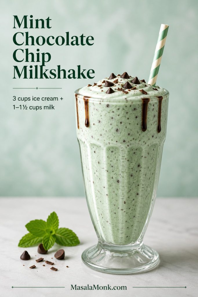 Tall glass of mint chocolate chip milkshake with chocolate flecks, chocolate drizzle, and a striped straw.